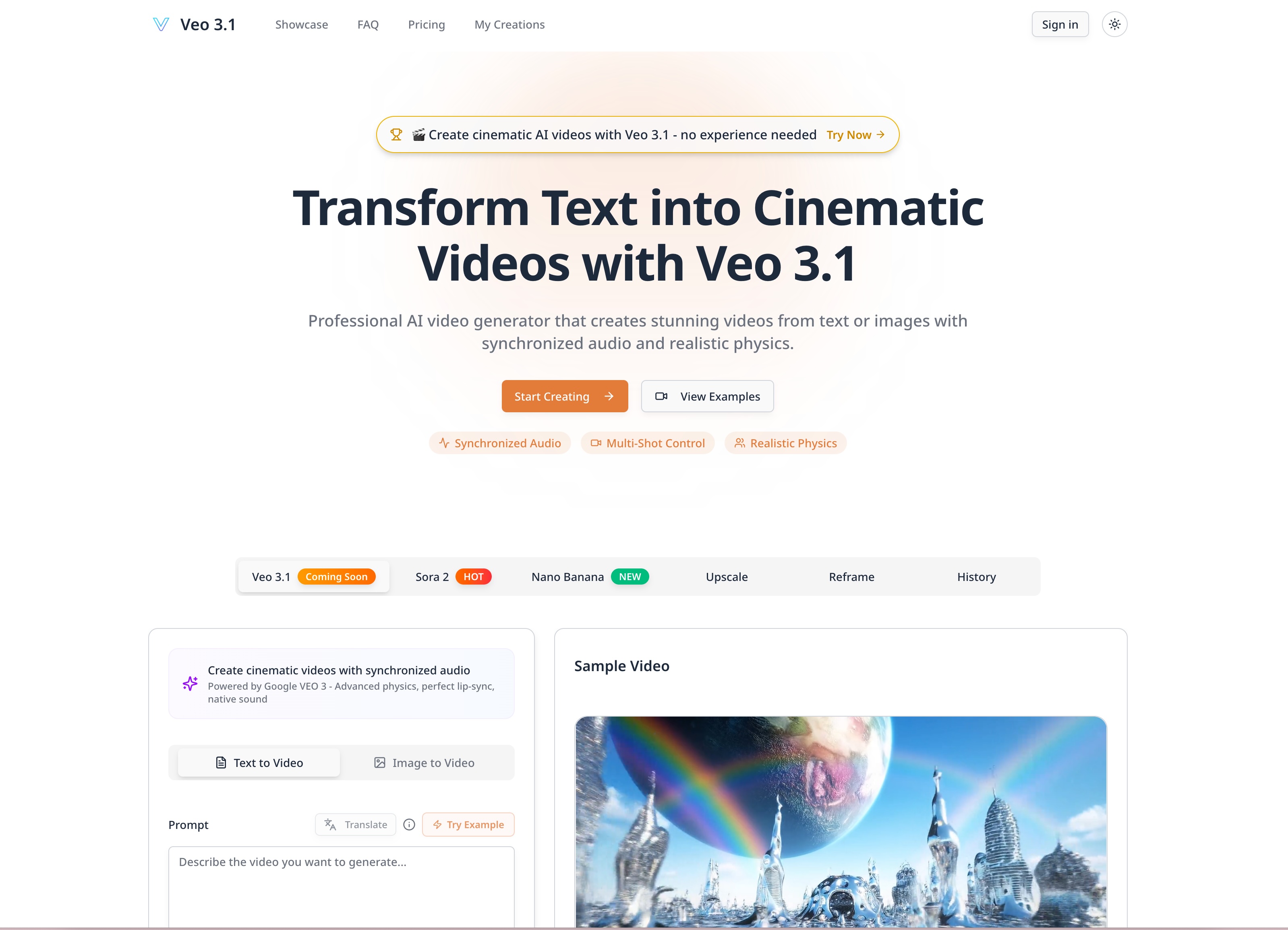 Veo 3.1 AI Video Generator with Audio | Cinematic Text-to-Video