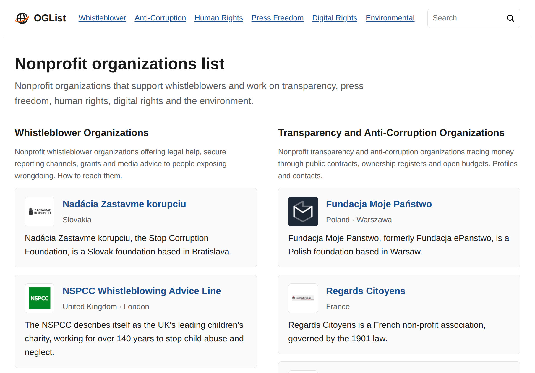 Curated directory of nonprofits for transparency and rights