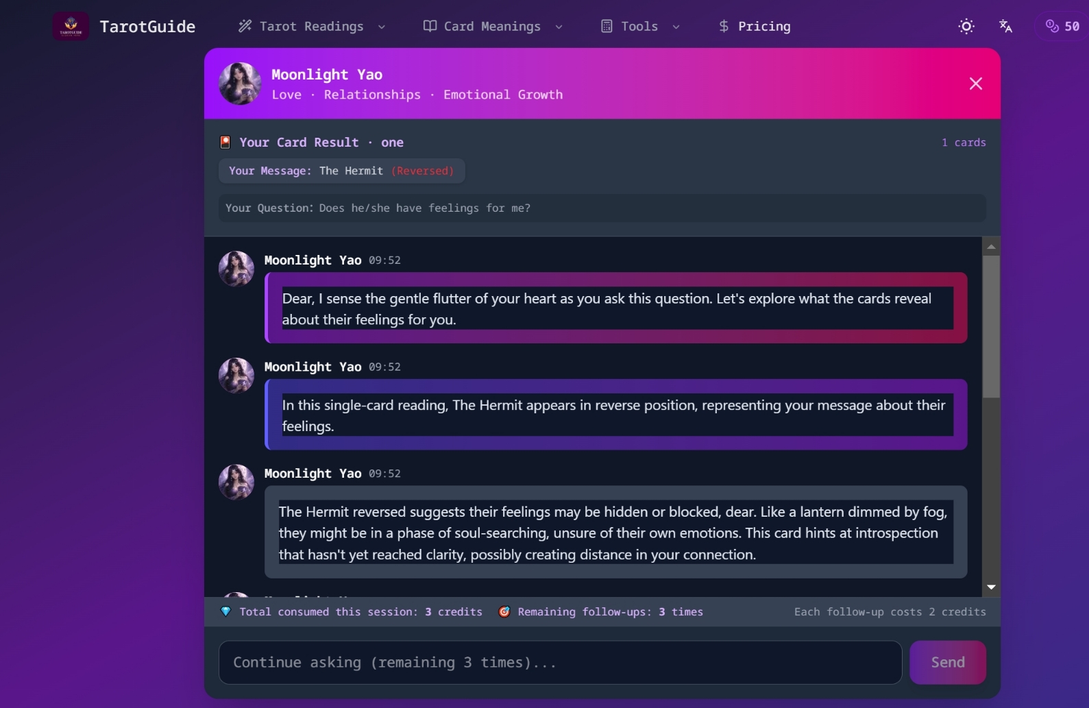 Interactive tarot + two AI readers (love vs career)