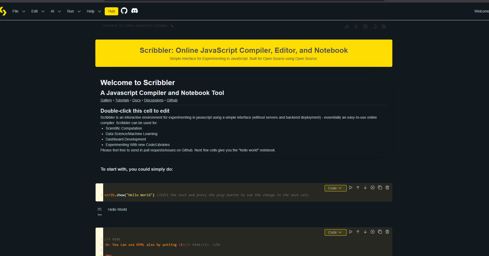 Scribbler is an open-source online JavaScript notebook and compiler that lets you write, run, and share code instantly in your browser.