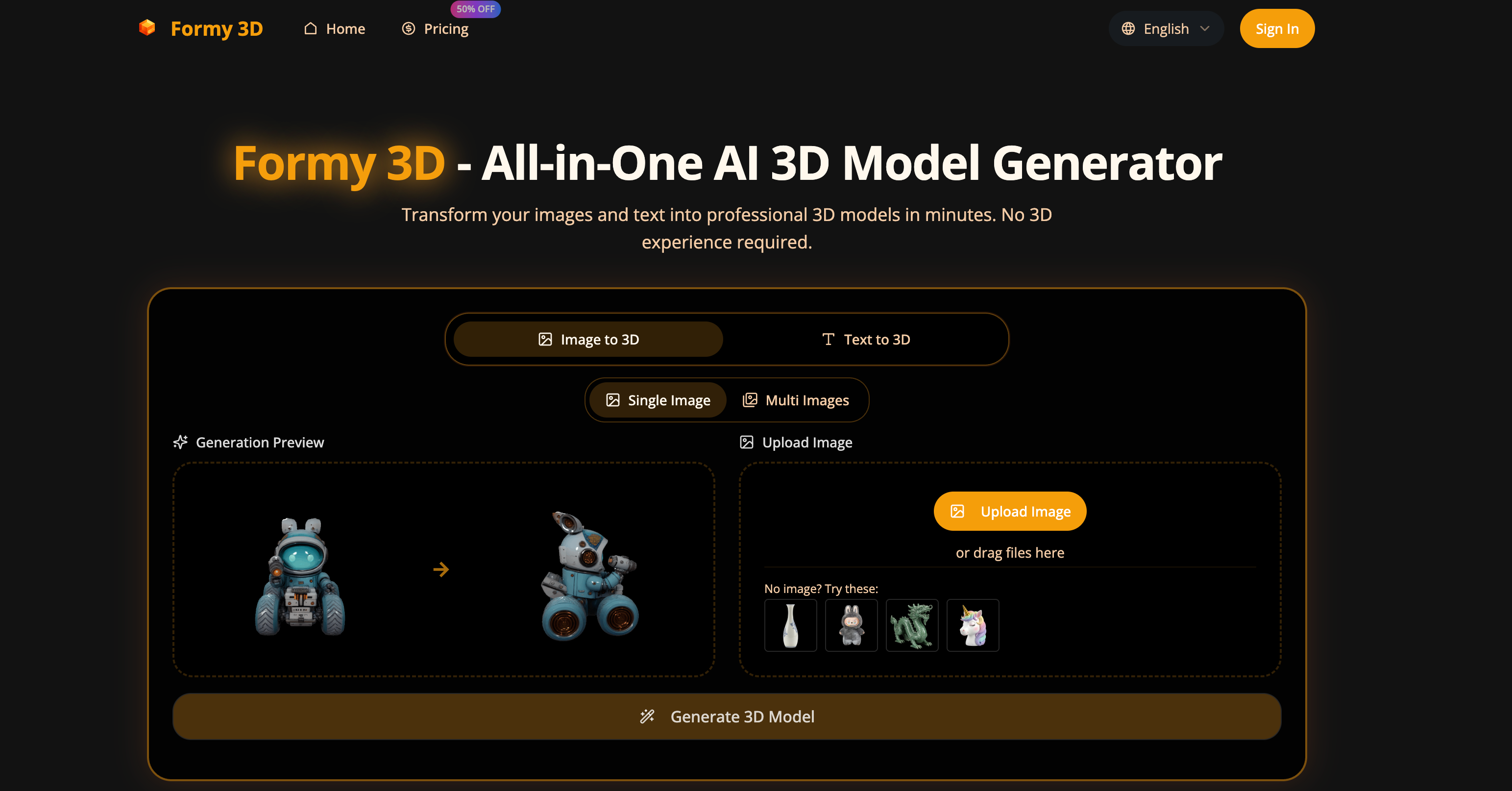Formy 3D: AI 3D Model Generator | Text & 2D Image to 3D AI