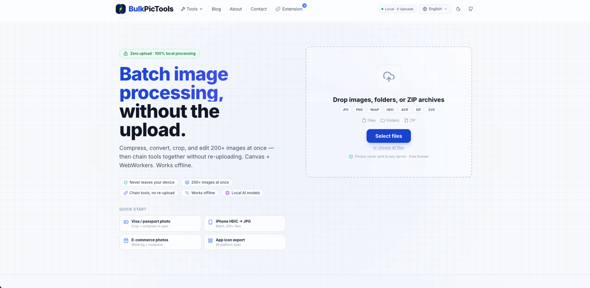 Bulk image tools with tool chaining — compress, convert, crop locally.