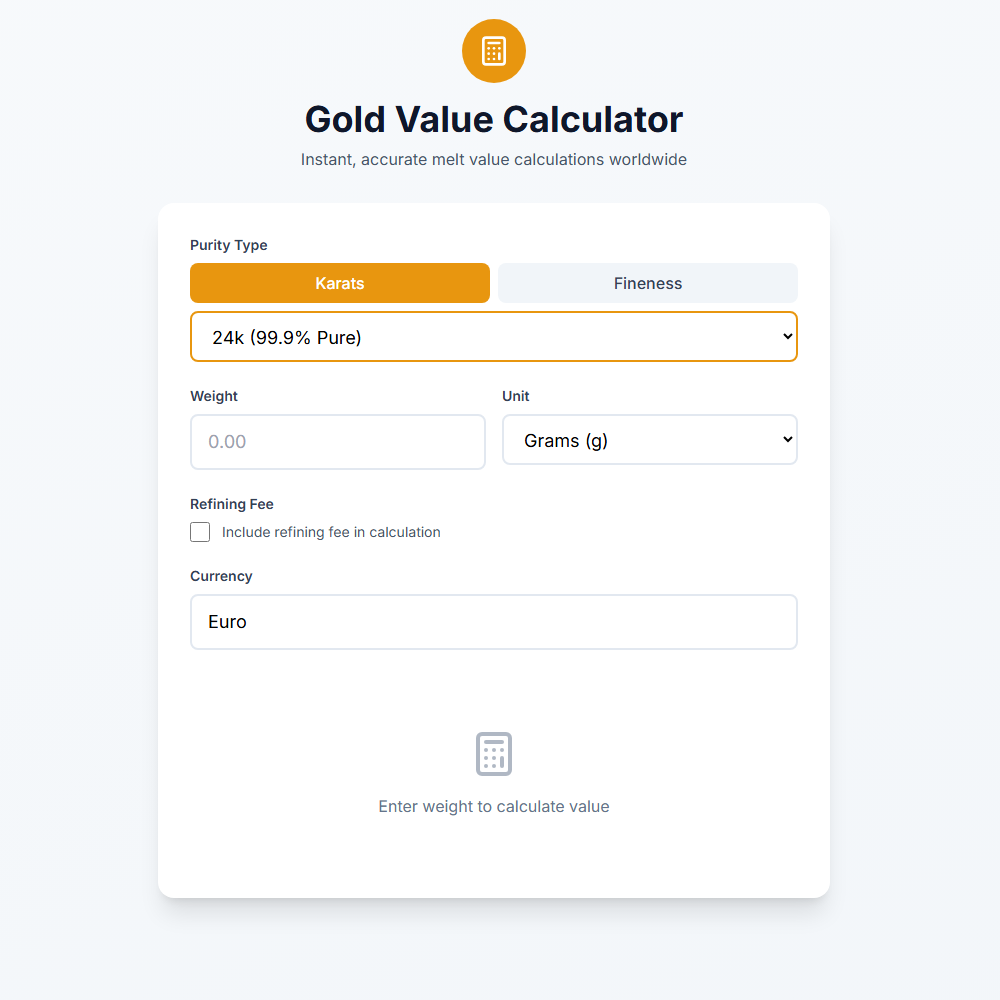 Gold Calculator, Scrap Gold Calculator, Gold Price Calculator, Gold Melt Calculator, Gold Value Calculator