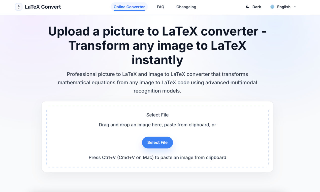 LatexConvert, Free online Image to LaTeX tool, convert image formulas to editable LaTeX code in one click.