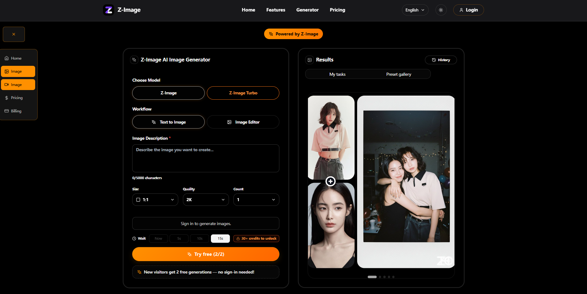 z-image is a fast, lightweight AI image generator built on top of the open-source Z-Image model. Generate high-quality visuals from simple prompts.