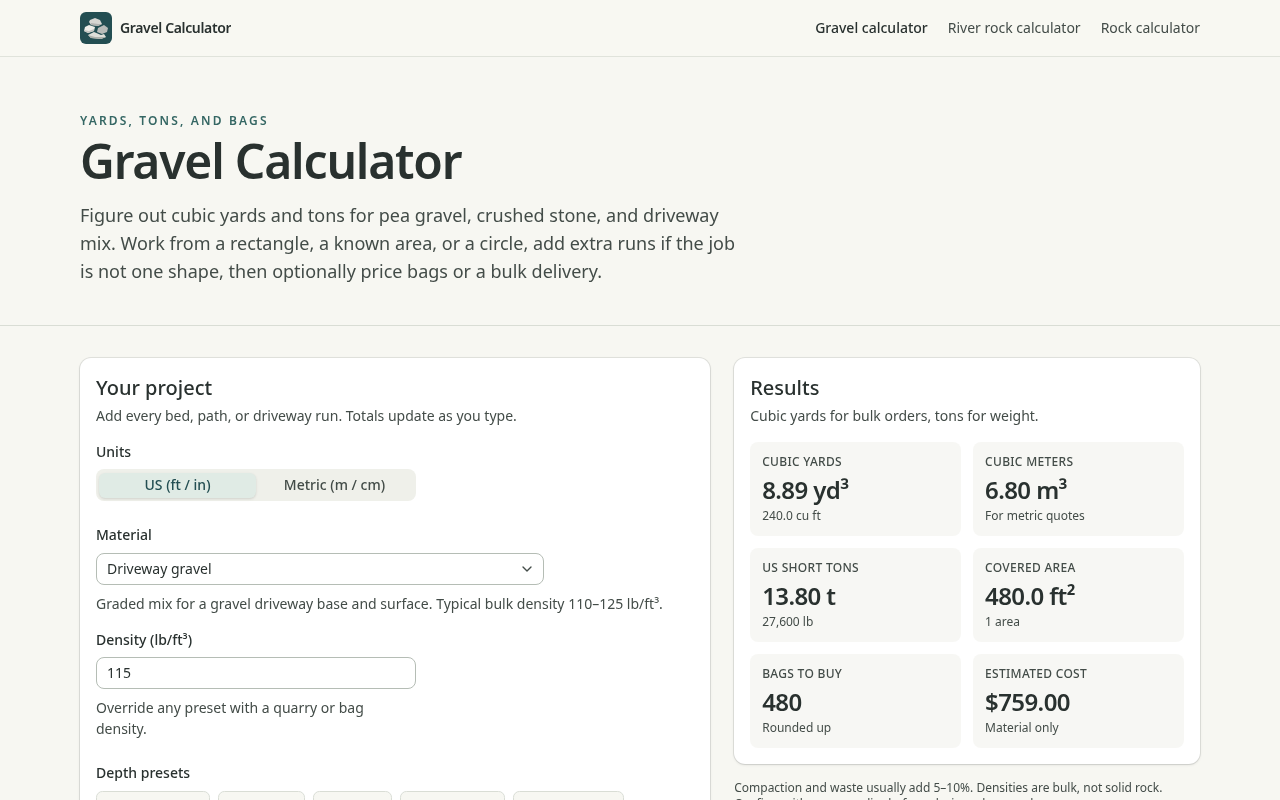 Gravel Calculator: Yards, Tons, Driveway & Pea Gravel