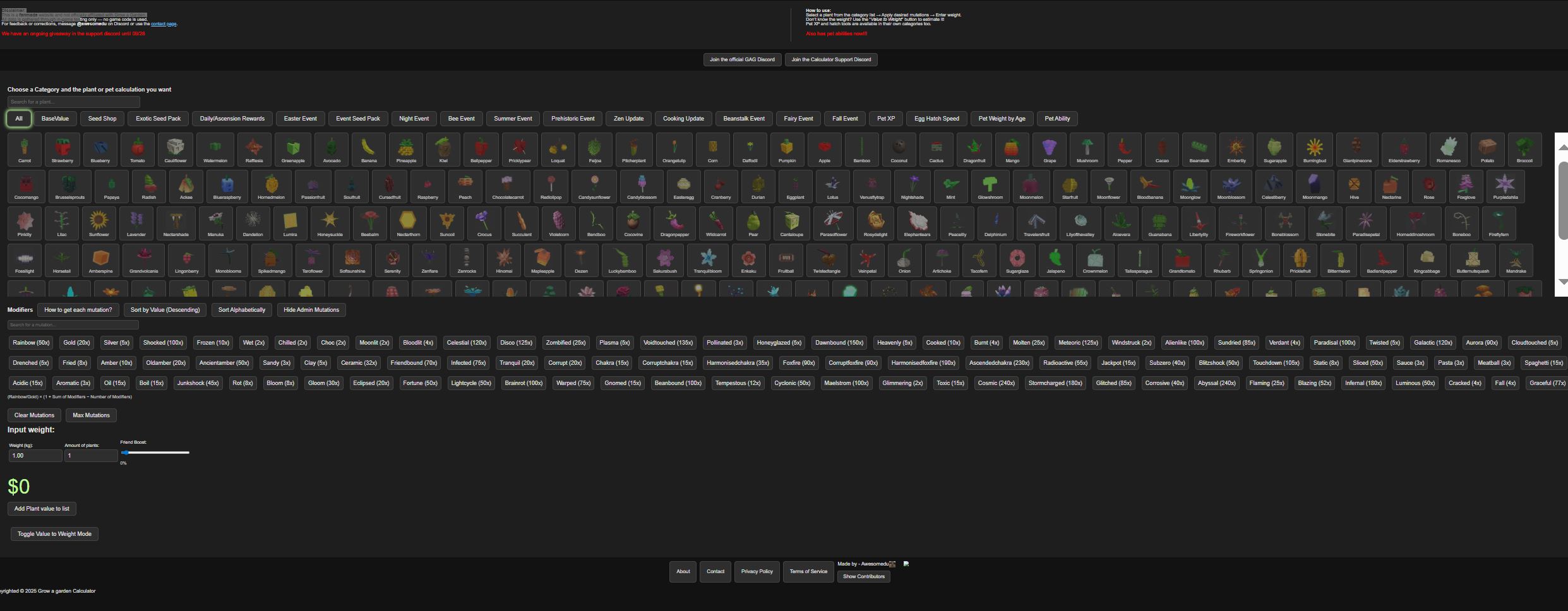 Grow a Garden Calculator for crops,pets,