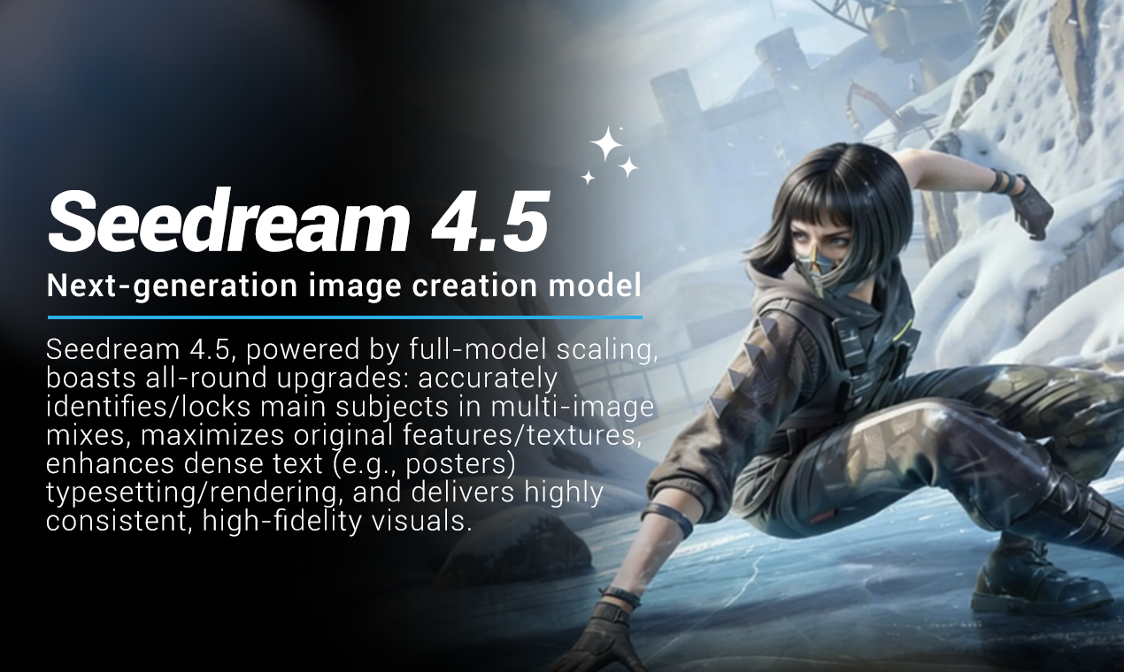 Seedream 4.5 delivers detailed, consistent visuals instantly.